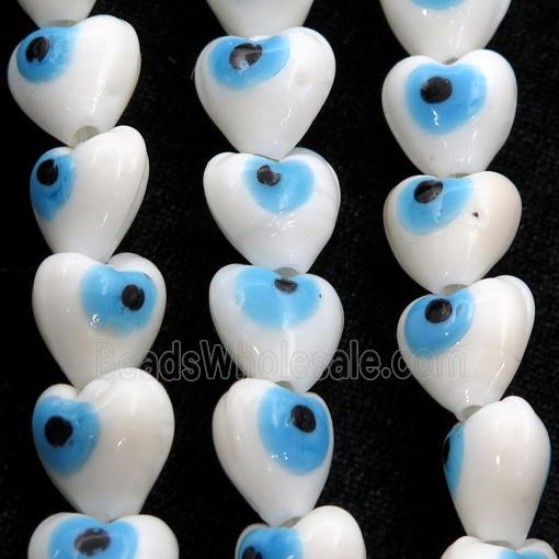 handmade white Lampwork Glass heart Beads with evil eye