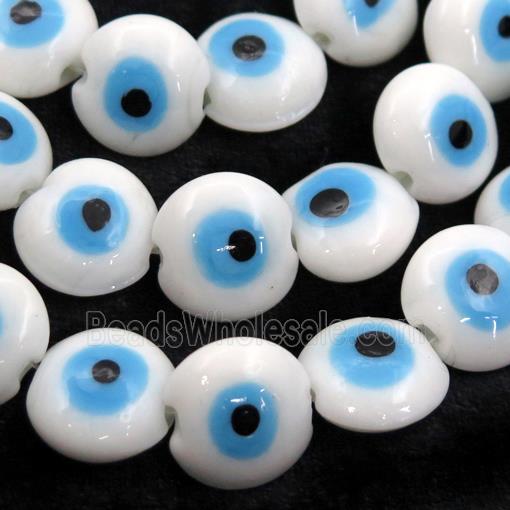 handmade white Lampwork Glass coin Beads with evil eye