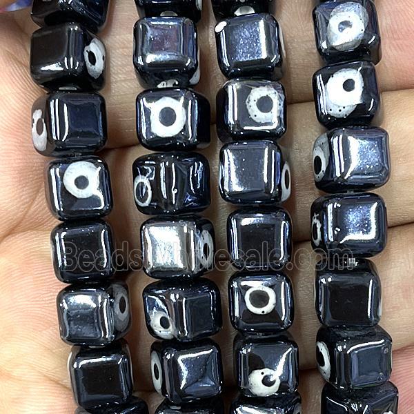 black Porcelain cube beads, evil eye, electroplated