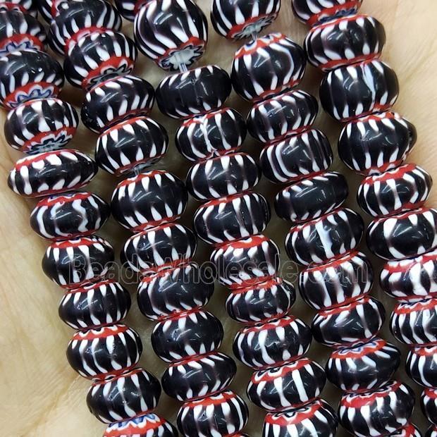 Nepal Style Black Lampwork Glass Rondelle Chevron Beads