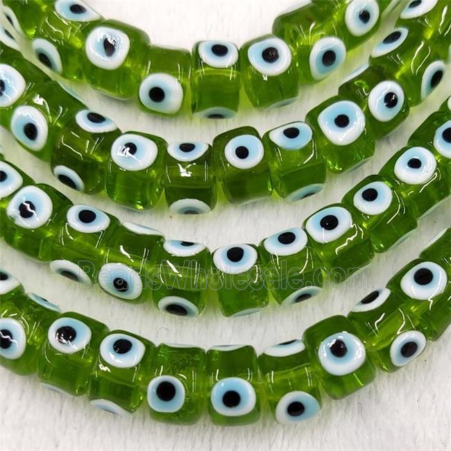 Green Lampwork Glass Heishi Beads With Evil Eye