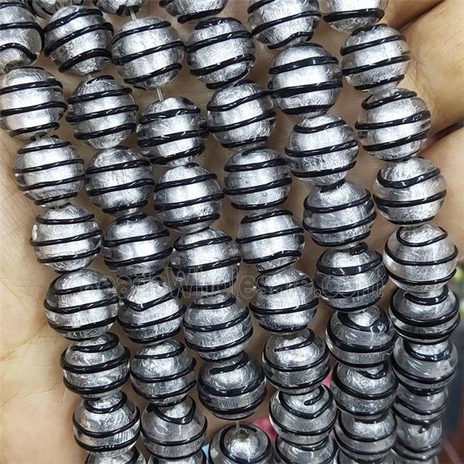 Larmwork Glass Beads Round Black Line With Silver Foil
