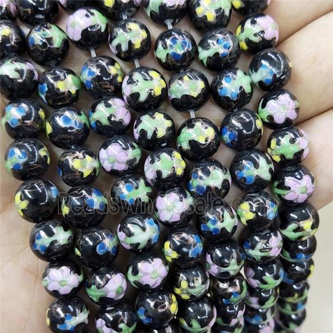 Porcelain Beads Multicolor Black Smooth Round