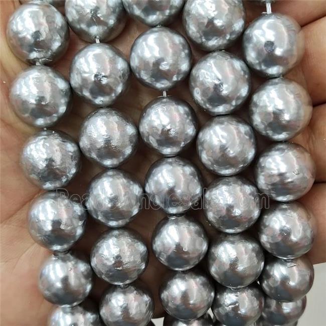 Baroque Style Pearlized Shell Beads Round Silver Gray Hammered