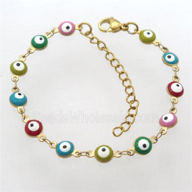 stainless steel bracelet with mixcolor evil eye, resizable, gold plated