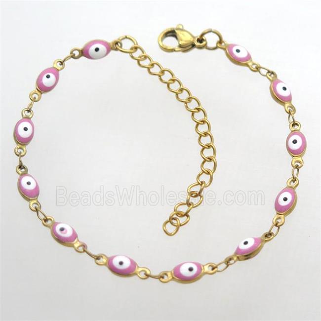 stainless steel bracelet with pink evil eye, Adjustable, gold plated