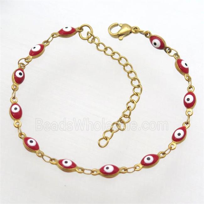 stainless steel bracelet with red evil eye, resizable, gold plated