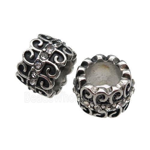 Stainless Steel tube Beads pave rhinestone, large hole, antique silver