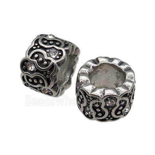 Stainless Steel tube Beads pave rhinestone, large hole, antique silver