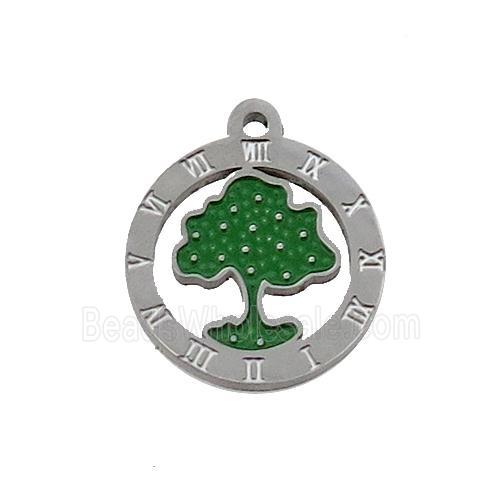 Raw Stainless Steel Tree Pendant Green Enamel
