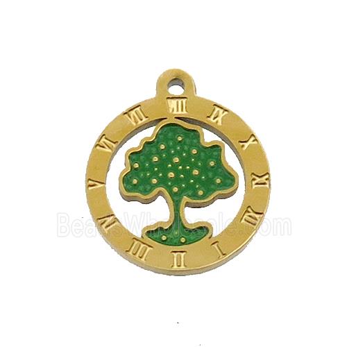 Stainless Steel Tree Pendant Green Enamel Gold Plated