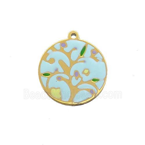 Stainless Steel Circle Pendant Tree Of Life Multicolor Enamel Gold Plated