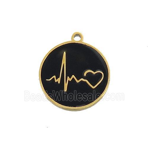 Stainless Steel Circle Heartbeat Pendant Black Enamel Gold Plated