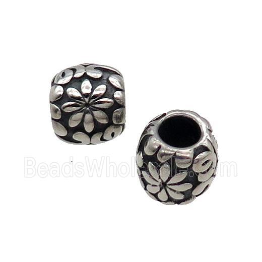 Stainless Steel Round Beads Large Hole Flower Antique Silver