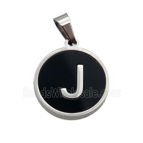 Raw Stainless Steel Pendant Pave Black Agate Letter-J