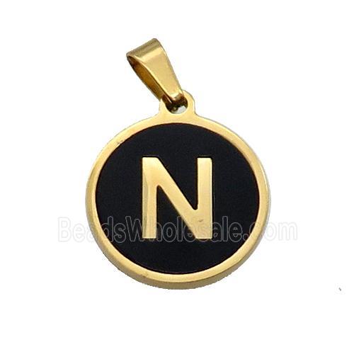 Stainless Steel Pendant Pave Black Agate Letter-N Gold Plated