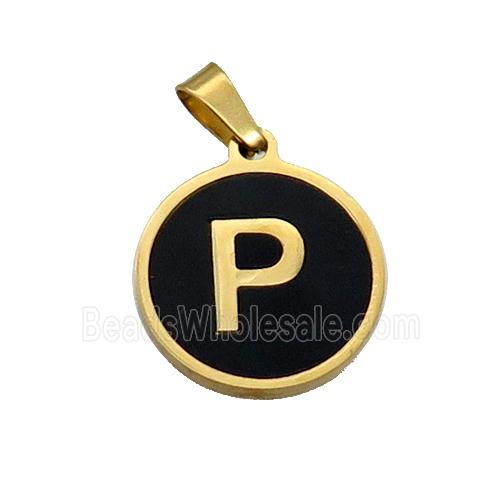 Stainless Steel Pendant Pave Black Agate Letter-P Gold Plated