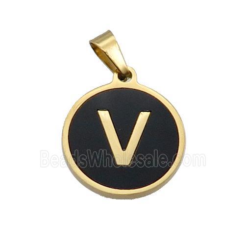 Stainless Steel Pendant Pave Black Agate Letter-V Gold Plated