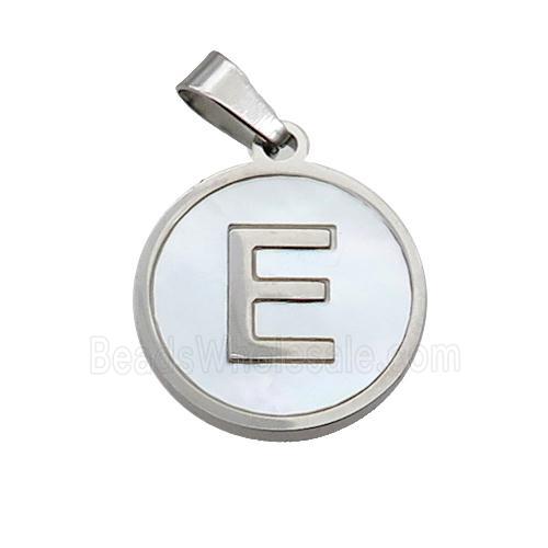 Raw Stainless Steel Pendant Pave White Shell Letter-E