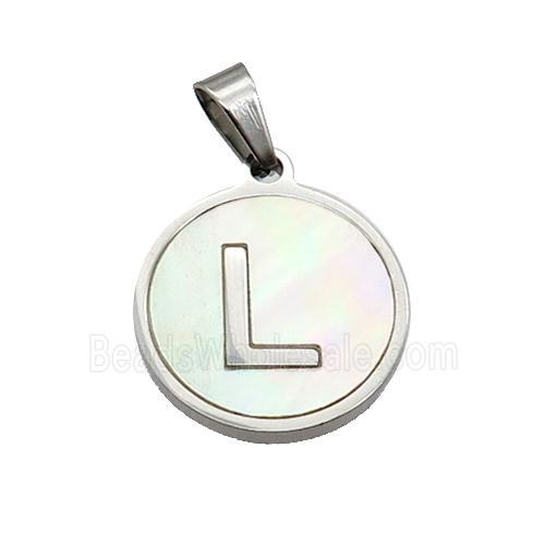 Raw Stainless Steel Pendant Pave White Shell Letter-L