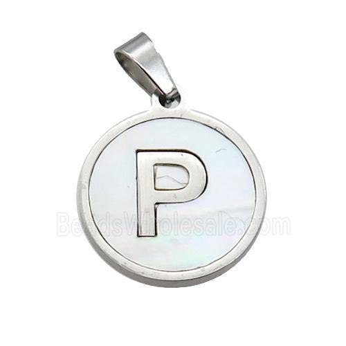 Raw Stainless Steel Pendant Pave White Shell Letter-P