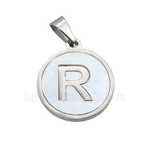 Raw Stainless Steel Pendant Pave White Shell Letter-R