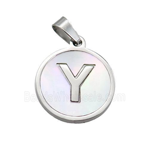 Raw Stainless Steel Pendant Pave White Shell Letter-Y