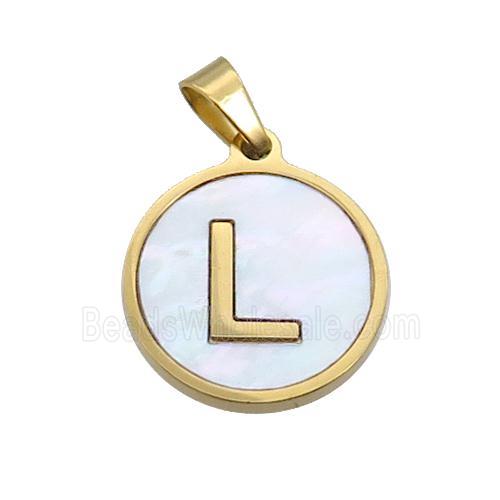 Stainless Steel Pendant Pave White Shell Letter-L Gold Plated