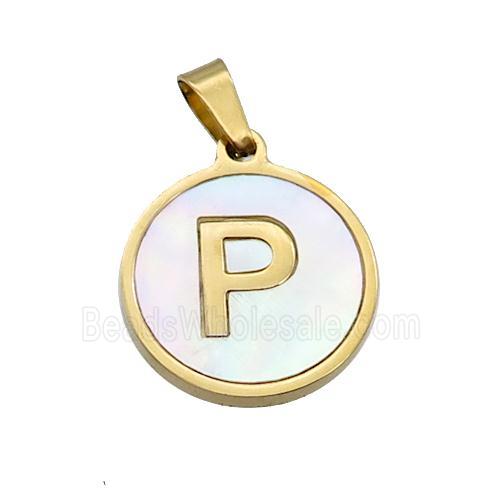 Stainless Steel Pendant Pave White Shell Letter-P Gold Plated