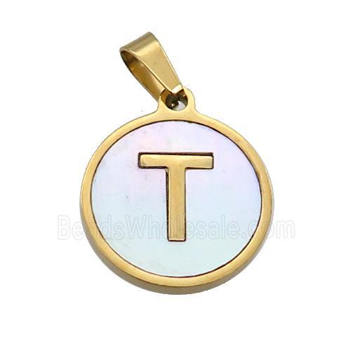 Stainless Steel Pendant Pave White Shell Letter-T Gold Plated