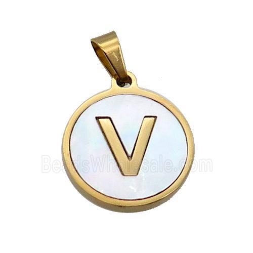Stainless Steel Pendant Pave White Shell Letter-V Gold Plated