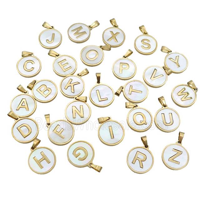 Stainless Steel Letter Pendant Pave White Shell Mix Alphabet Gold Plated