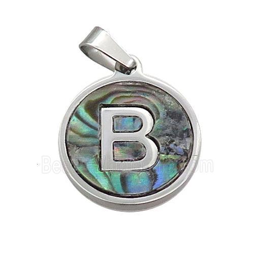 Raw Stainless Steel Pendant Pave Abalone Shell Letter-B