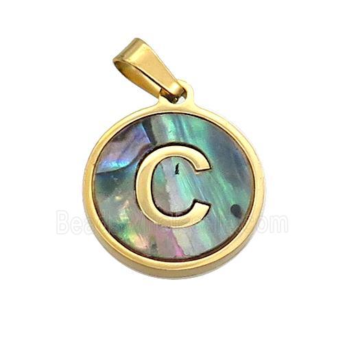 Stainless Steel Pendant Pave Abalone Shell Letter-C Gold Plated