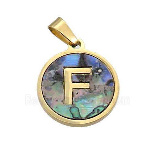 Stainless Steel Pendant Pave Abalone Shell Letter-F Gold Plated