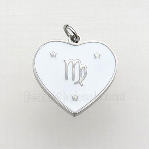 Raw Stainless Steel Heart Pendant White Enamel Zodiac Virgo