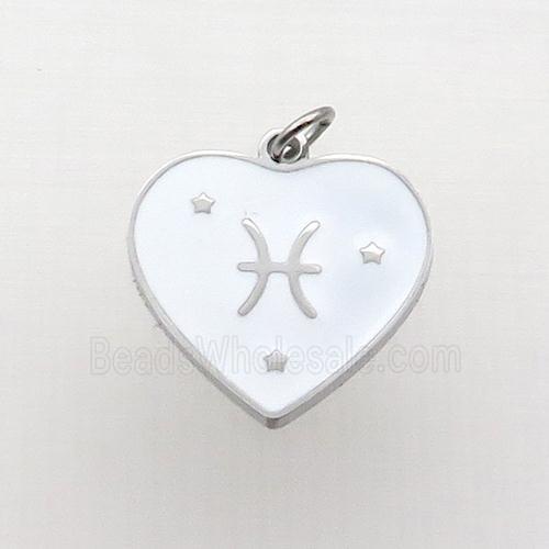 Raw Stainless Steel Heart Pendant White Enamel Zodiac Pisces