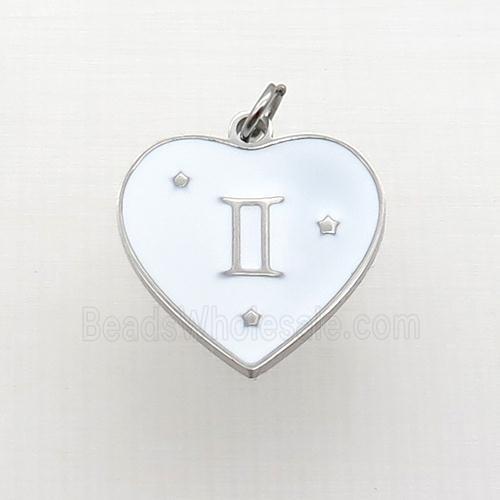 Raw Stainless Steel Heart Pendant White Enamel Zodiac Gemini