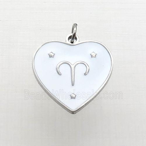 Raw Stainless Steel Heart Pendant White Enamel Zodiac Aries