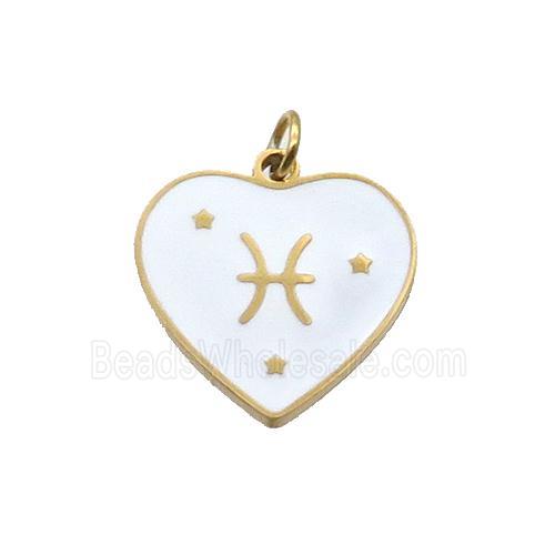 Stainless Steel Heart Pendant White Enamel Zodiac Pisces Gold Plated