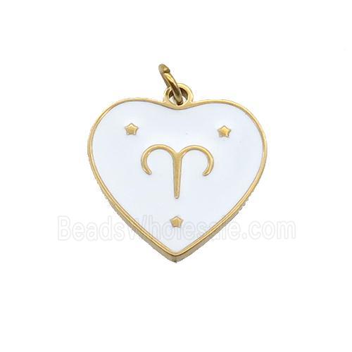Stainless Steel Heart Pendant White Enamel Zodiac Aries Gold Plated