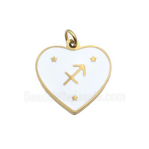 Stainless Steel Heart Pendant White Enamel Zodiac Sagittarius Gold Plated