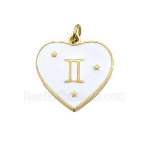 Stainless Steel Heart Pendant White Enamel Zodiac Gemini Gold Plated