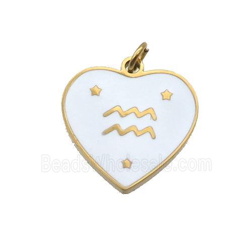 Stainless Steel Heart Pendant White Enamel Zodiac Aquarius Gold Plated
