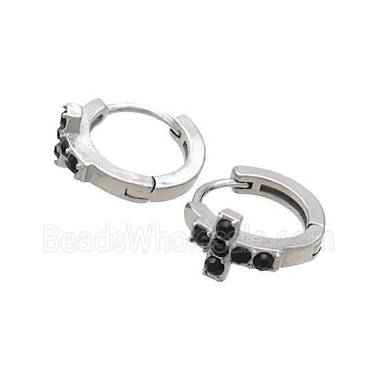 Raw Stainless Steel Hoop Earrings Pave Rhinestone Cross