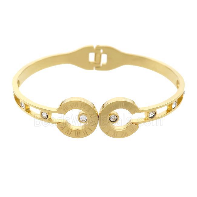 Stainless Steel Bangle Pave Rhinestone Gold Plated