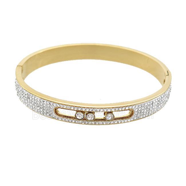Stainless Steel Bangle Pave Rhinestone Gold Plated