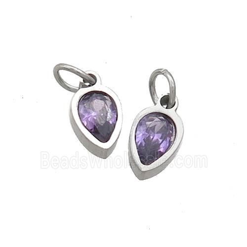 Raw Stainless Steel Teardrop Pendant Pave Purple Zircon