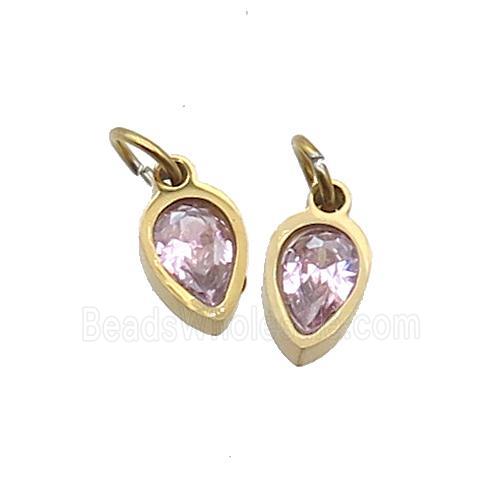 Stainless Steel Teardrop Pendant Pave Pink Zircon Gold Plated