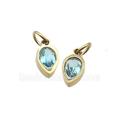 Stainless Steel Teardrop Pendant Pave Aqua Zircon Gold Plated